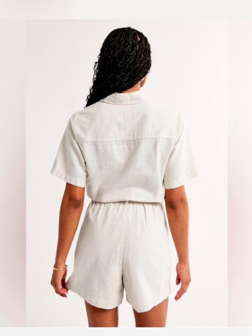 Abercrombie and Fitch Light Cream Button-Up Short Romper with Tie Waist - Picture 2 of 4